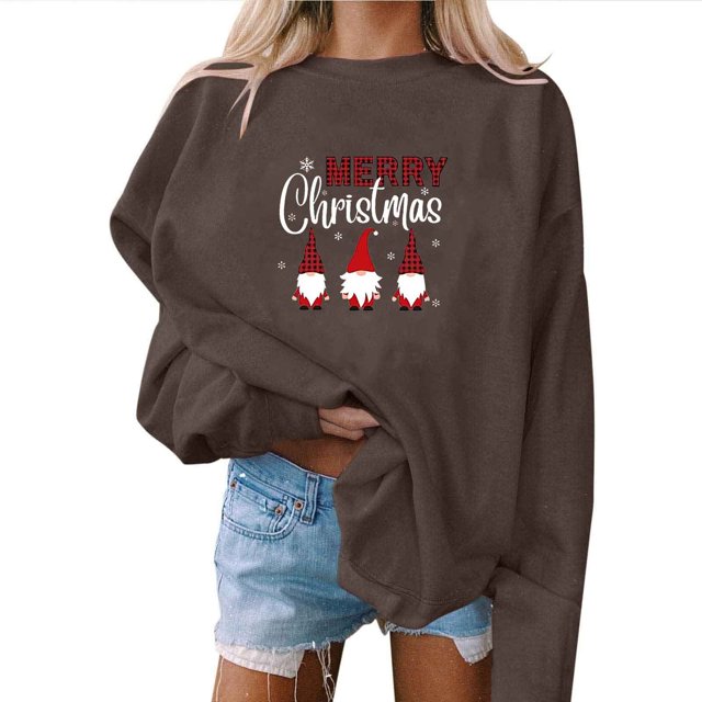 Bowake Chandails en Molleton de Noël pour Femmes Imprimé Manches Longues Col Rond Décontracté Ample Chandail-Over Blouse
