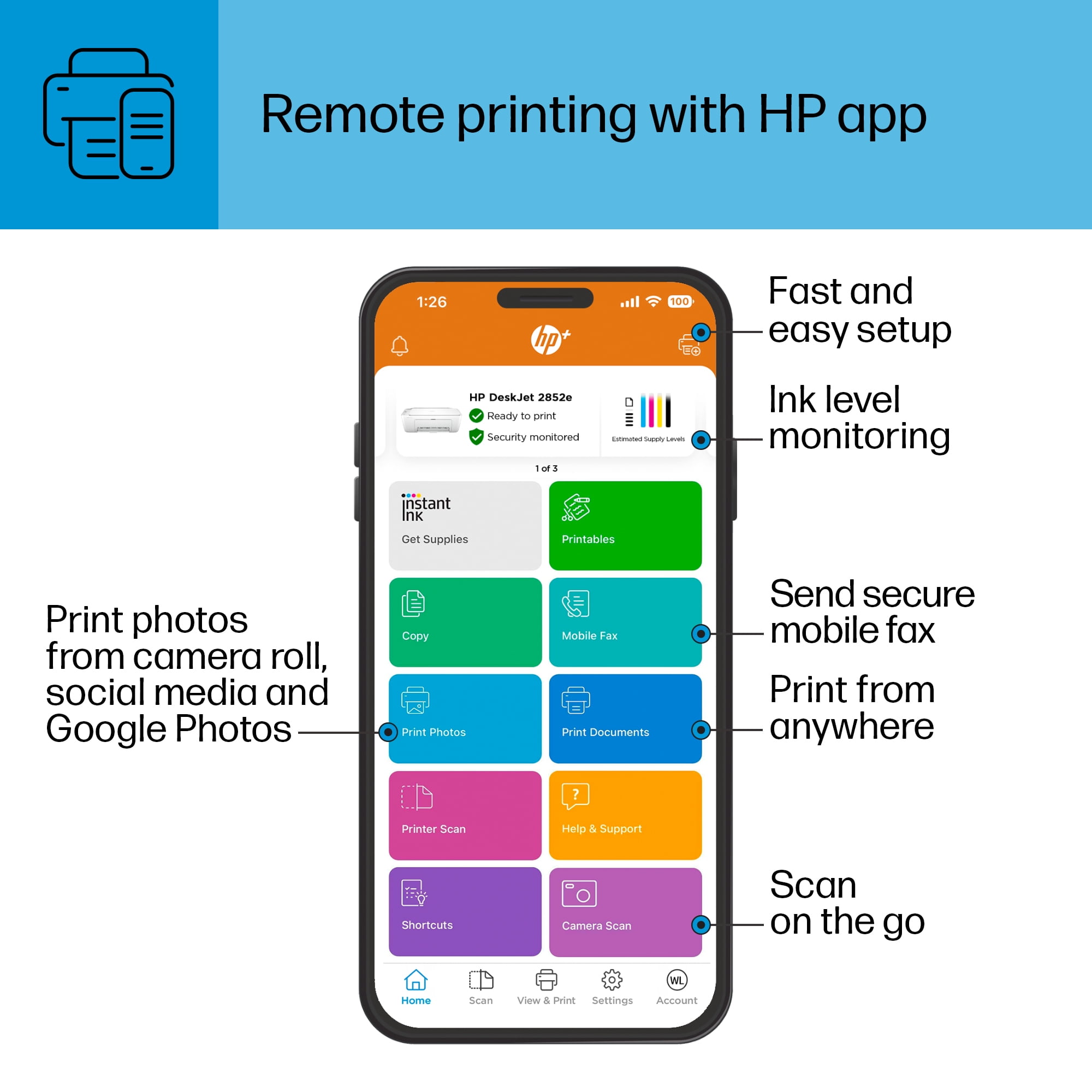 HP DeskJet 2852e Wireless All-in-One Color Inkjet Printer (White), Scanner, Copier, 3 months Free Instant Ink