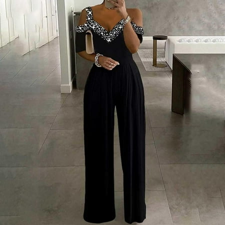 

Homadles Jumpsuits for Women Casual- Stretchy Loose Fit Short Sleeve Solid Fashion Overalls Rompers for Women Black XXXL