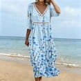 thumbnail image 4 of Ayolanni Fall Dresses for Women V-Neck 3/4 Sleeve Floral A-Line Maxi Dress Flowy Cotton Vacation Casual Long Dress Blue XXXL, 4 of 6