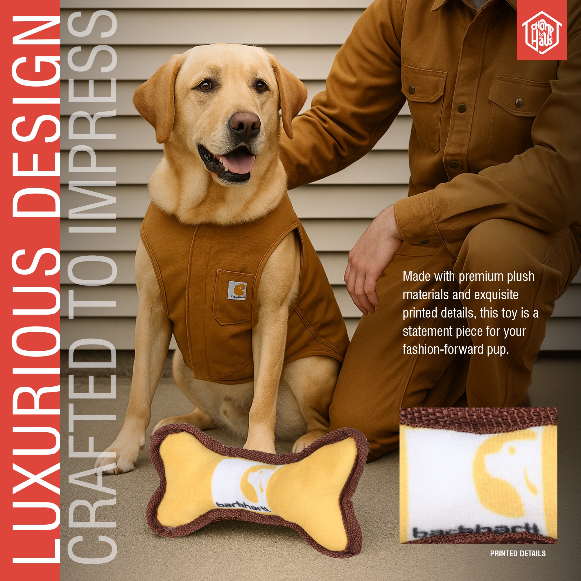 Chomp Haus Barkhartt Bone – Luxurious Plush Dog Toy with Squeaker, Premium Fabric, Embroidered Details, Designer-Inspired Chew Toy, Fun Gift for Medium to Large Dogs & Dog Lovers