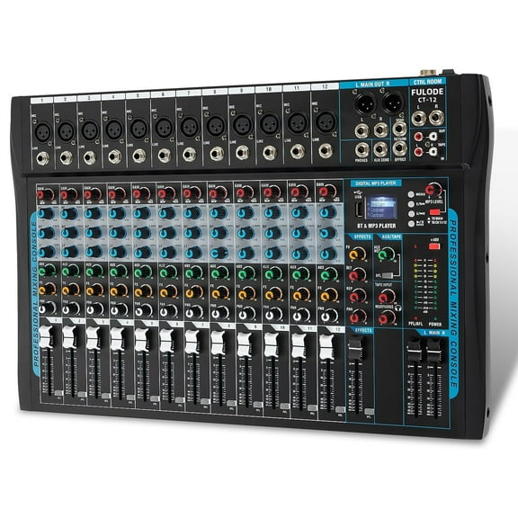 12 Channel Audio Interfacer Sound Board Mixer DJ Mixer 16-Bit DSP Effect USB Audio Mixer 48V Phantom Power Bluetooth Mixer for Karaoke Studio Streaming Recording,Live Streaming