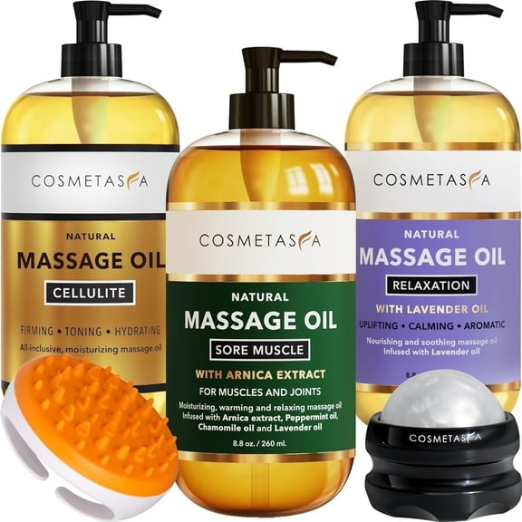 Cosmetasa 5-Piece Massage Oil Gift Set with Roller Massage Ball and Body Massager Mitt