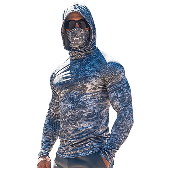 Taqqpue Long Sleeve Sun Shirt Men UPF 50 Rash Guard Fishing Hoodie with Mask Summer UV SPF Sun Protection Cooling Blouses