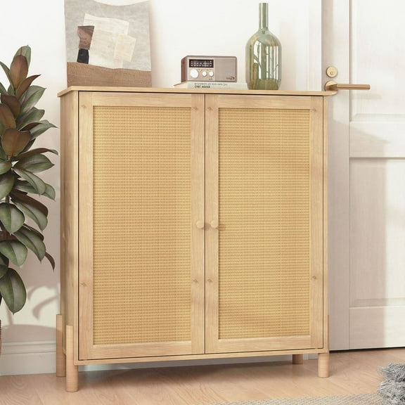 Mid-Century Modern Storage Cabinet With Woven Rattan Doors Natural Finish Adjustable Shelves Versatile Organizer