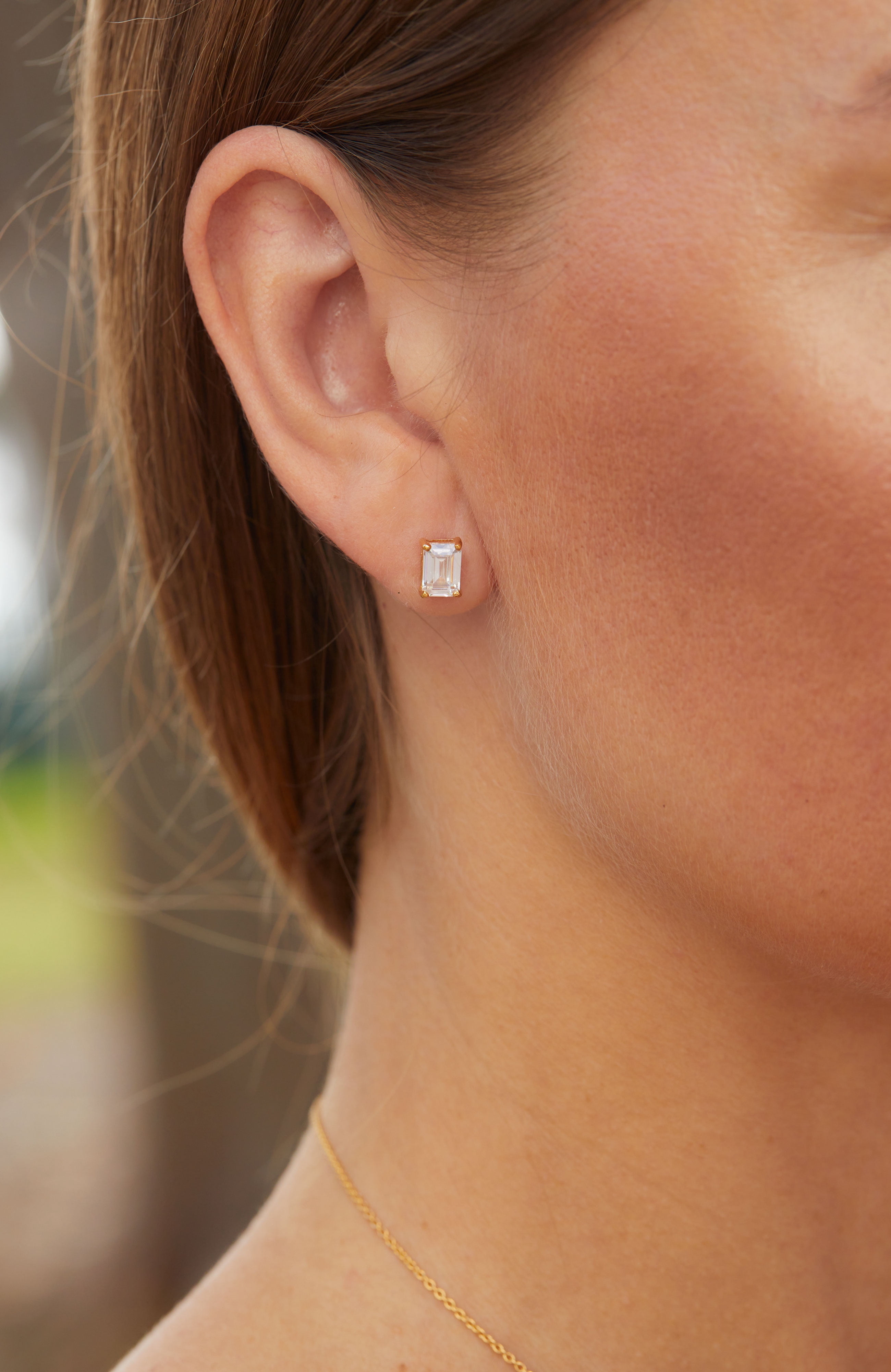 18K Gold Plated Sterling April Lab Created Diamond Emerald Cut Birthstone Stud in Box