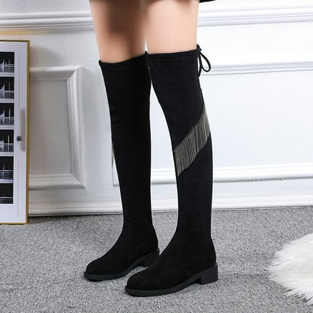 

NEGJ Women Boots Shoes Thick High Heel Boots Casual Soft Bottom Non Slip Stretch Wool Boots Long Tube Over Knee Boots