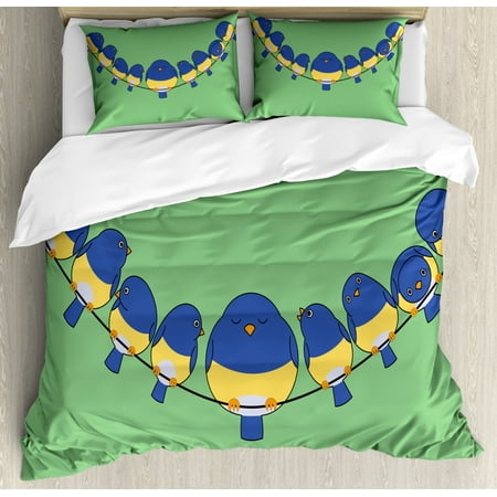 Bird on a Wire Duvet Cover Set, Humorous Illustration of Cartoon Design Little Avian Characters, Decorative Bedding Set with Pillow Shams, Green Blue and Mustard, by (Best Characters The Wire)