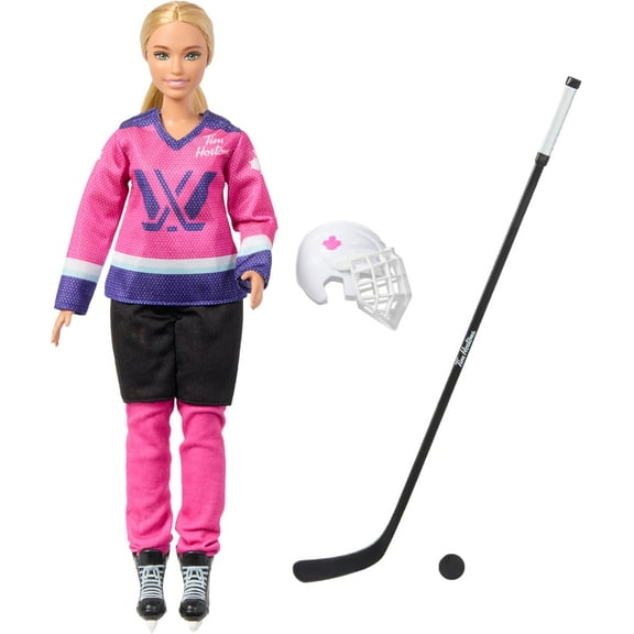 Barbie Tim Hortons PWHL Fashion Doll in Pink, Purple, & Teal Hockey Jersey, Includes Hockey Stick, Puck, and Helmet