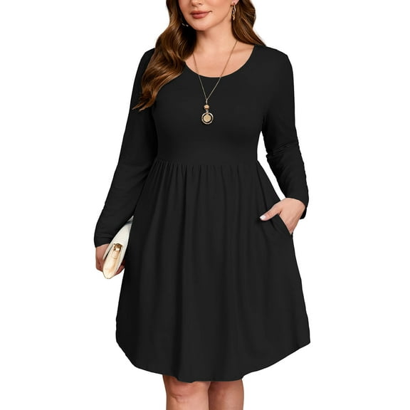 SHOWMALL Women's Plus Size Swing Dress Long Sleeve with Pockets, Black 3X Scoop Neck A-Line, Casual Midi Knee Length for Spring Fall