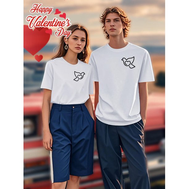 Valentine's Day Matching Couple T-Shirts - His & Hers, Casual & Sporty, Round Neck Short Sleeve withCamisetas para mujer, lindas camisetas con estampado gráfico, de manga corta, estilo casual, para ve