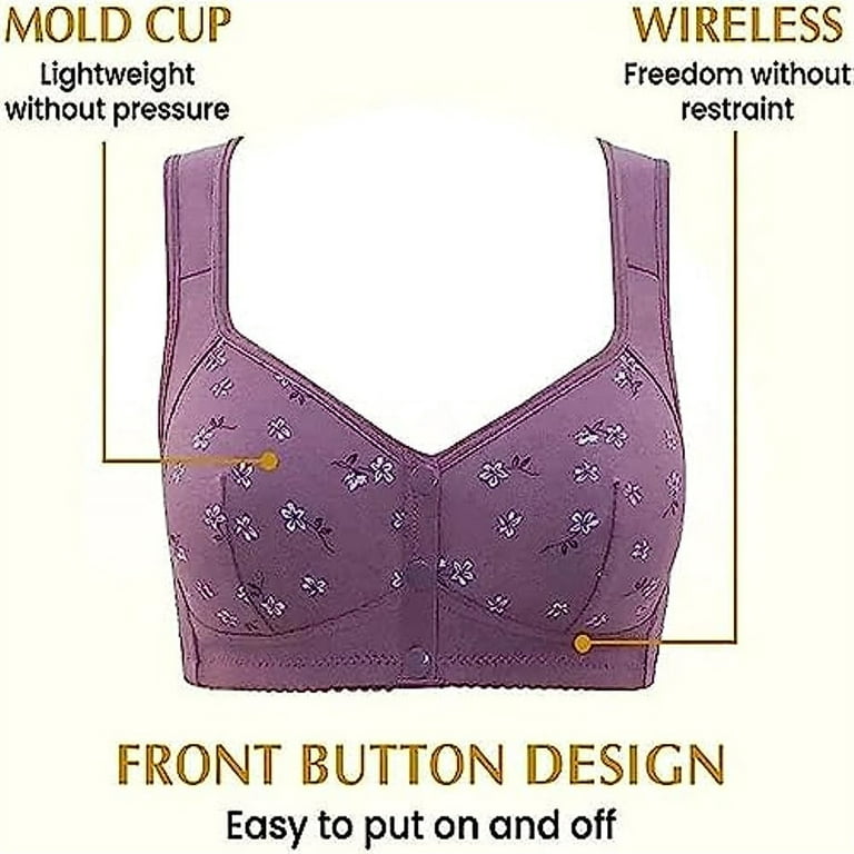 2PCS Convenient Front Button Daisy Bra Elderly Comfy Active Cotton Wire  Free Floral Closure Underwear-Apricot,38/85（M） 