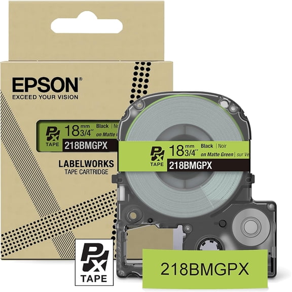 Epson LABELWORKS 218BMGPX - Black on Matte Green PET Label Maker Tape - 3/4" (18MM) Wide, 26'