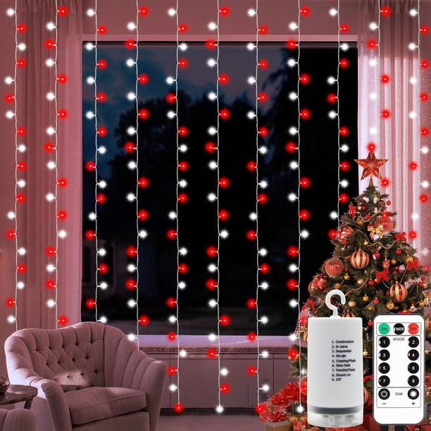 Cadena de luces DealBeta 300 LED rojas y blancas con mando a distancia de 3 x 3 m