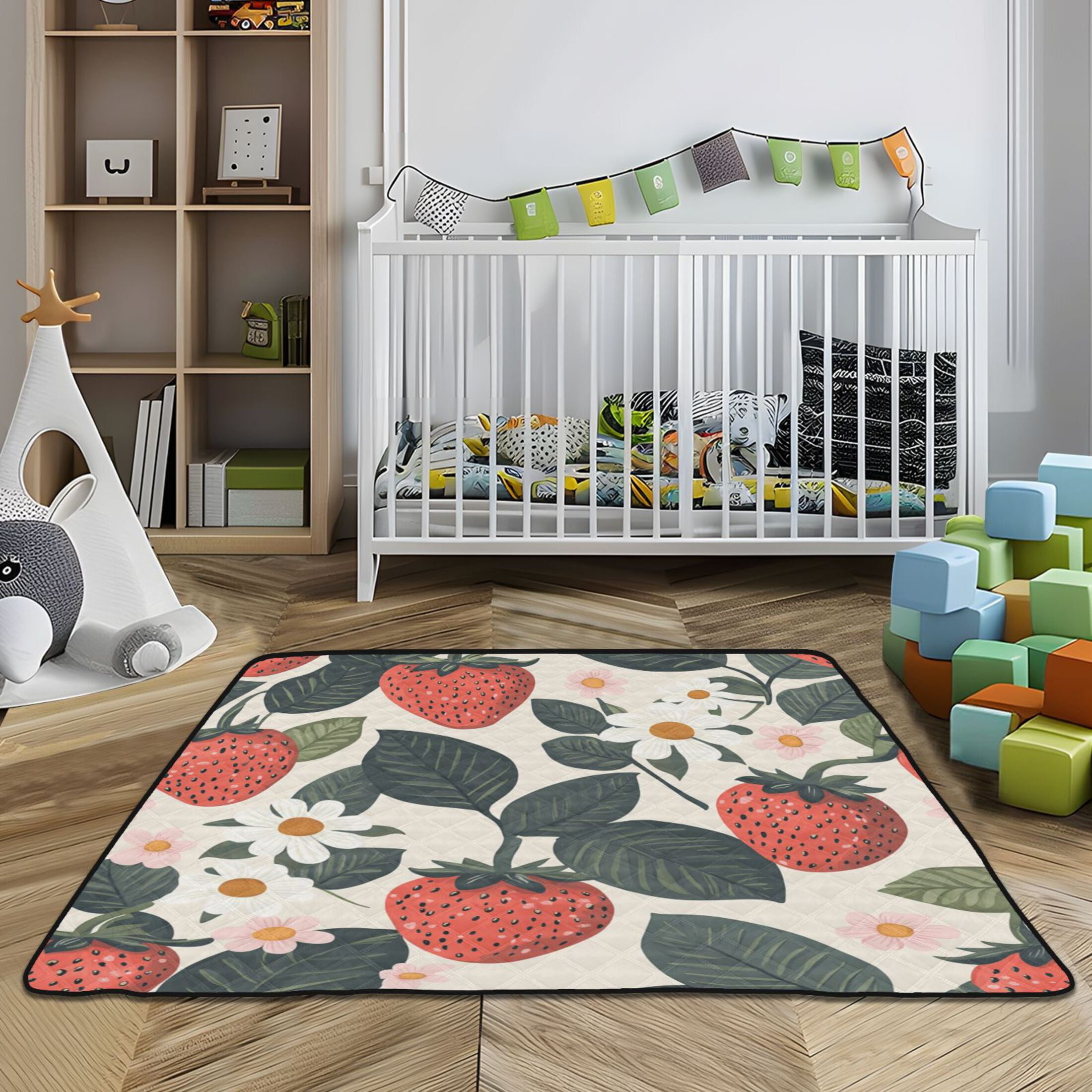 WOBOGO A Seamless Pattern with Adorable Strawberry Leaves Baby Playmats Extra Large Waterproof Rollable Activity Pads for Toddlers 50×50inch