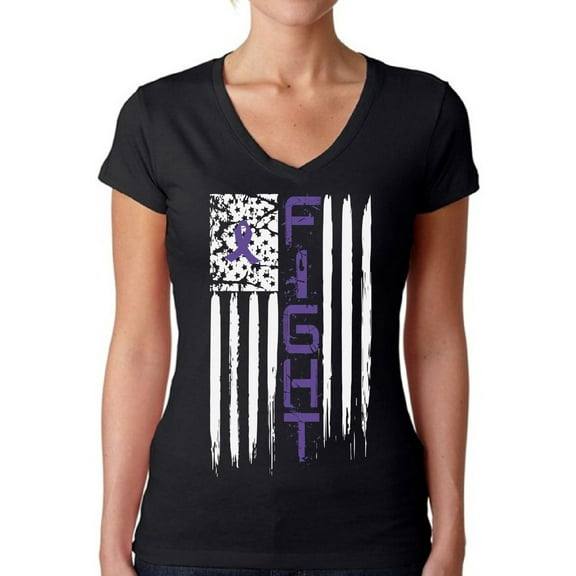 Awkward Styles Women's Fight Cancer V-neck T-shirt USA Flag Purple Ribbon for Awareness