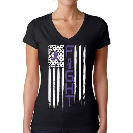 Awkward Styles Women's Fight Cancer V-neck T-shirt USA Flag Purple Ribbon for