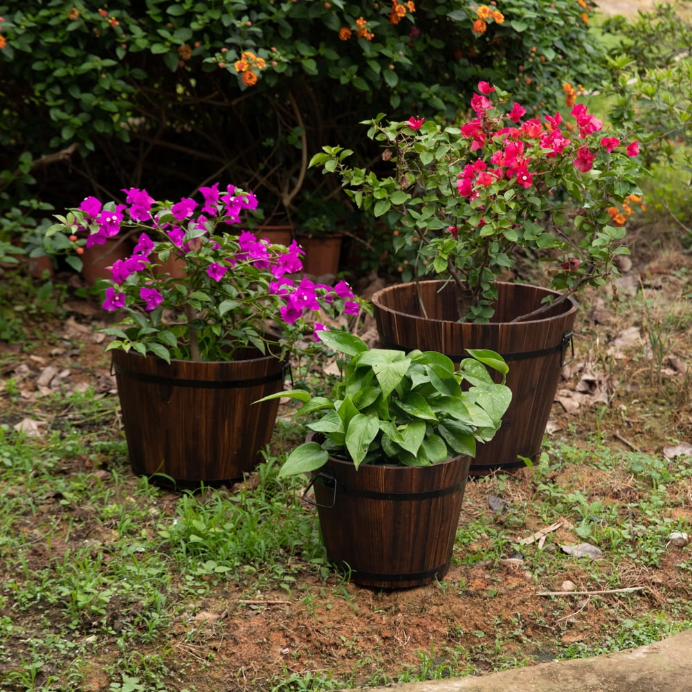 Small Wooden Whiskey Barrel Planter, 12" Dia 10" High