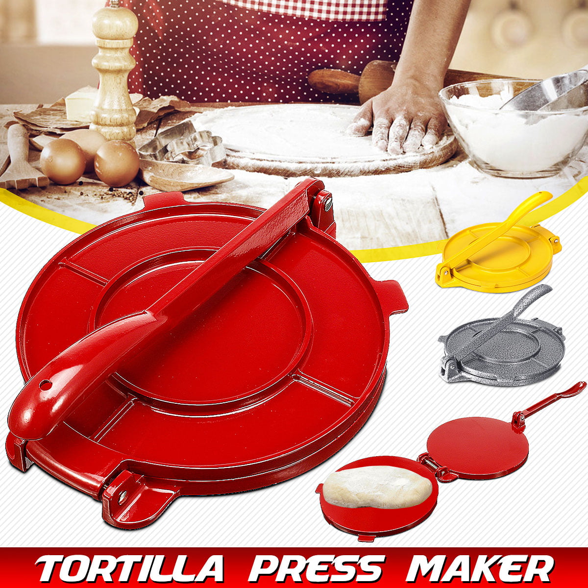 Taco antiaderente Roti Shanika Quesadilla Tortilla Maker Heavy Ghisa 17,8 cm Autentico Puri Press Pieghevole Mais e Pizza Impastatrice Chapatti Maker Pan con Manico Rotante 