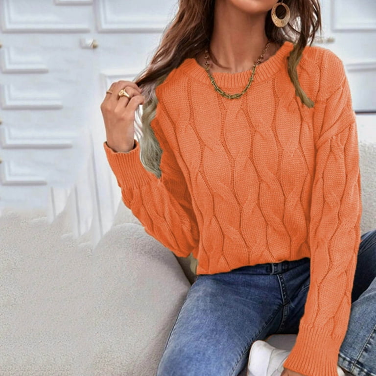FITORON Women Sweater- Leisure Top Fashion Warm Cable Knitted Tops Crew  Neck Pullover Solid Long Sleeve Tops Orange