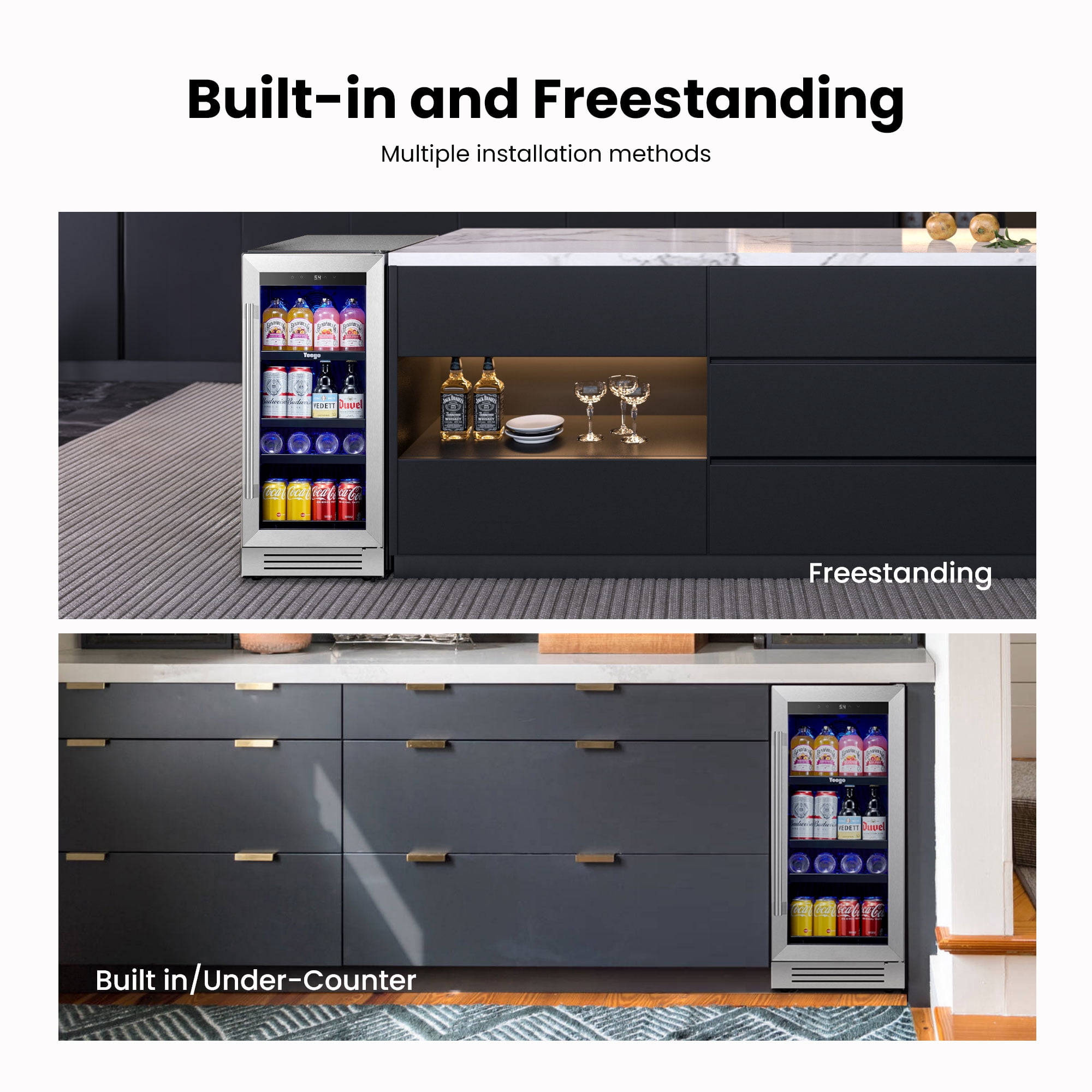 Yeego 80 Cans 15 Inch Beverage Refrigerator, Stainless Steel Built-in/Freestanding Cooler