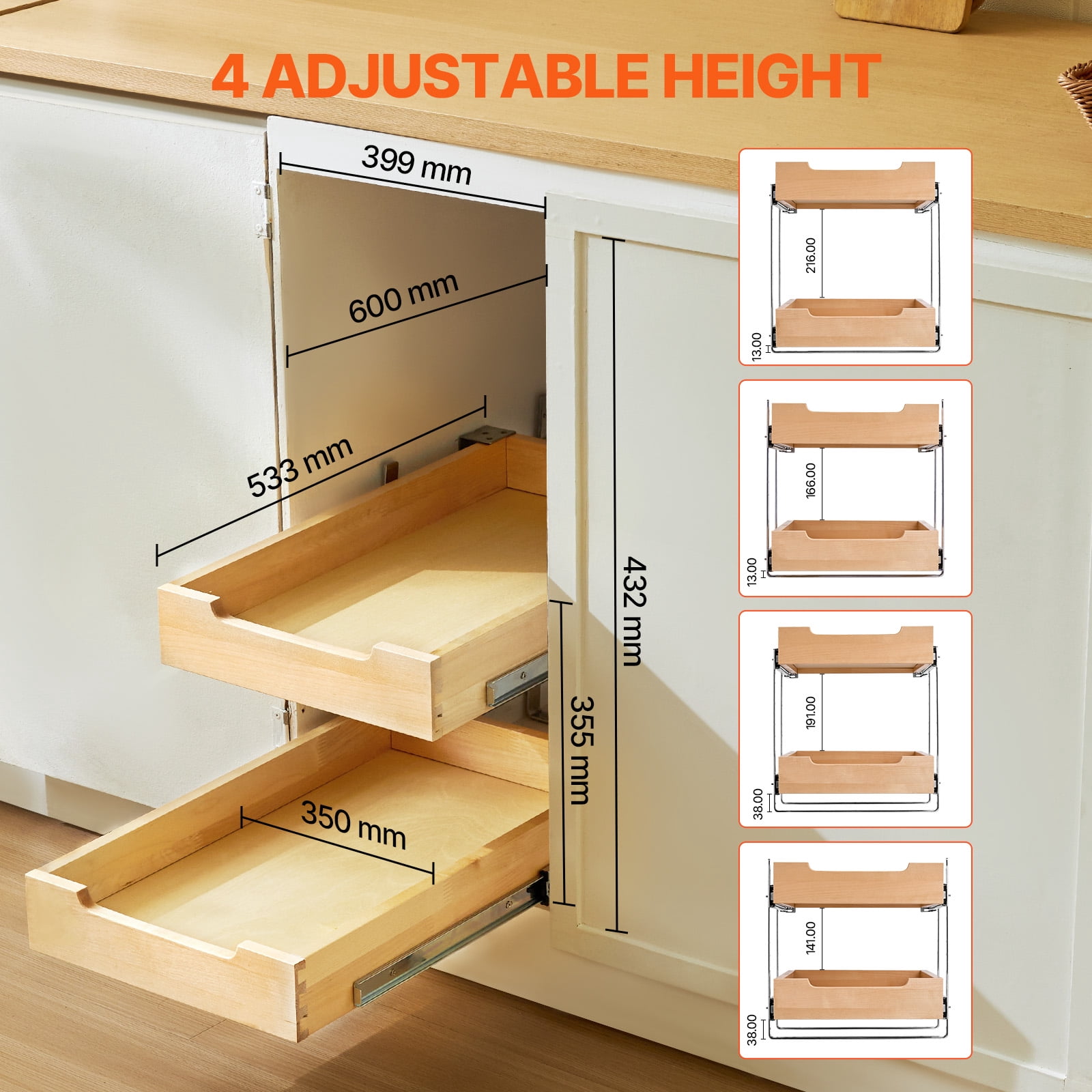 KFFKFF 2-Tier Pull-Out Cabinet Organizer, 14"W x 21"D Sliding Drawer, Soft-Close Shelf, Durable Wooden Design, Adjustable Base for Kitchen, Pantry, or Bathroom Storage