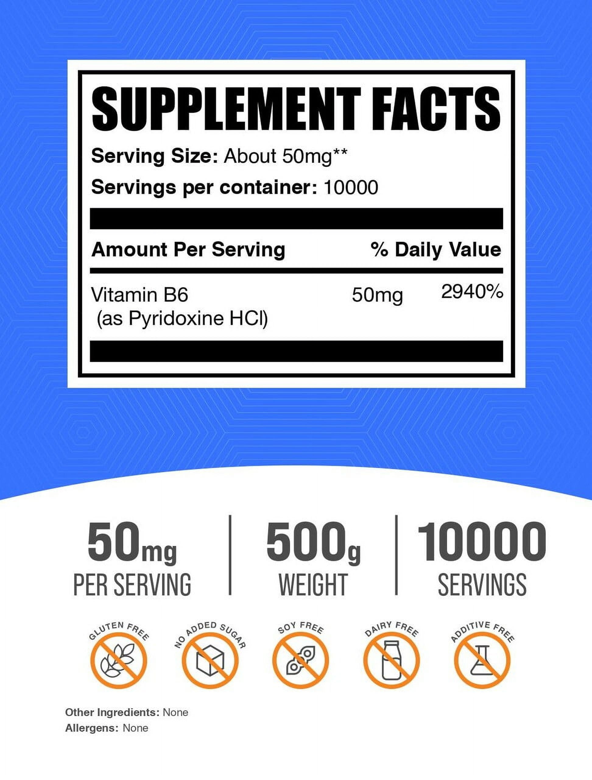 BulkSupplements Pyridoxine Hydrochloride (Vitamin B6) Powder - 500 Grams (1.1 lbs)