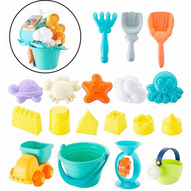 Juegos de playa, juegos de dinosaurios para la playa, 18 piezas con cubo de playa para niños, regadera, bolsas de malla, pala, rastrillos y moldes de arena.
