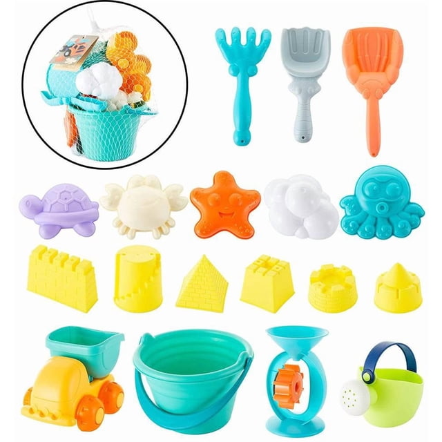 Juegos de playa, juegos de dinosaurios para la playa, 18 piezas con cubo de playa para niños, regadera, bolsas de malla, pala, rastrillos y moldes de arena.