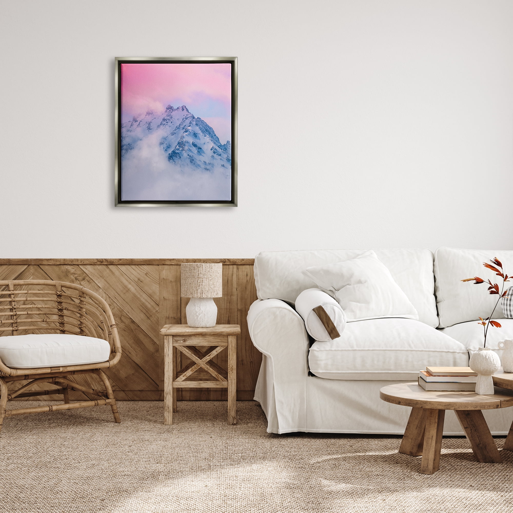 Stupell Industries Foggy Mountain Pink Sky Landscape Photography Gray Floater Framed Canvas Art Print Wall Art, 25 x 31
