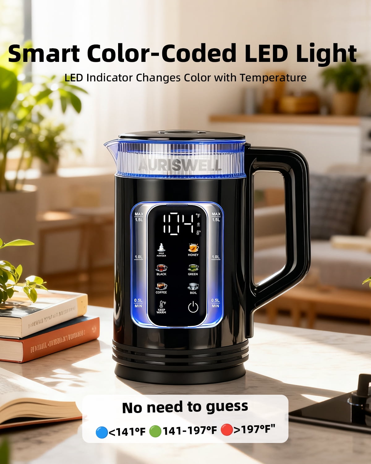Auriswell Electric Tea Kettle with Temperature Control, 1.5L Glass smart Water Boiler for Tea, Coffee & Boil, Automatic Shut Off, 12h Keep Warm & LED One-Touch 6 Presets