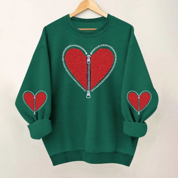 AUNVITO Women's Valentine's Day Sweatshirt Long Sleeve Round Neck with Heart-Shaped Print Casual and Fashionable Style