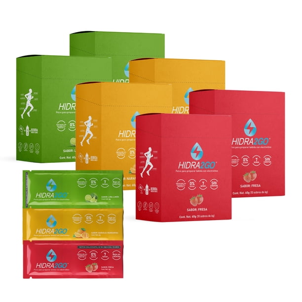 Pack de 60 Unidades - 6gr por Unidad - Electrolitos en Polvo Soluble 600ml | Variedad de Sabores | Sin Calorias, Sin Azucar, Libre de Gluten y Vegano | Polvo en Sobres para Disolver en Agua | HIDRA2GO