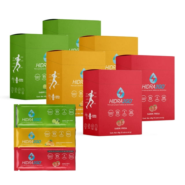 Pack de 60 Unidades - 6gr por Unidad - Electrolitos en Polvo Soluble 600ml | Variedad de Sabores | Sin Calorias, Sin Azucar, Libre de Gluten y Vegano | Polvo en Sobres para Disolver en Agua | HIDRA2GO