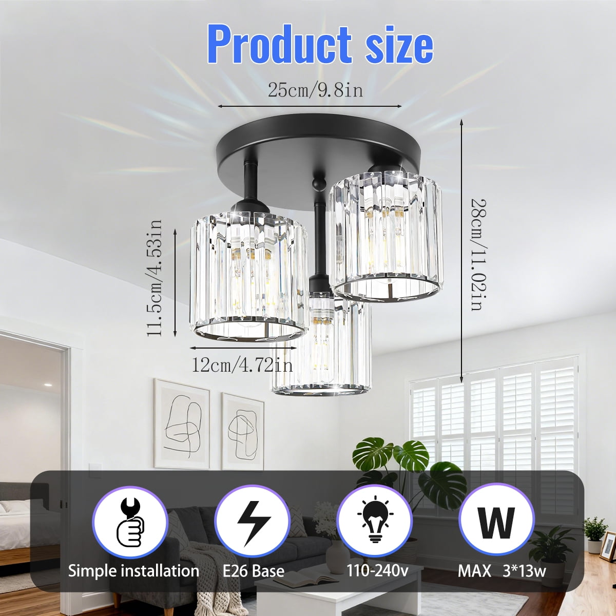Crystal Semi Flush Mount Ceiling Light, 3-Light Close to Ceiling Light Fixtures, Modern Light Fixtures with Clear Crystal Shade, for Hallway Foyer Entryway Bedroom Kitchen, Black