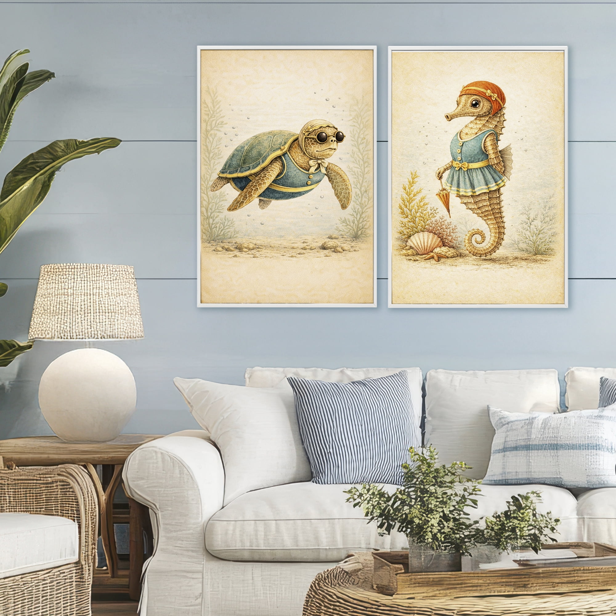 Stupell Industries Vintage Maritime Bathing Animals 2 Piece White Framed Giclee Art Set, design by Grotto Studios