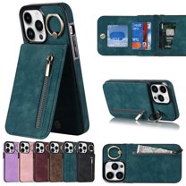 ELEHOLD for iPhone 14 Pro 6.1" Vintage Leather Wallet Case,Practical Card Holders RFID Blocking Zipper Wallet Kickstand Ring Holder Shockproof Anti-Scratch Case for Women Men,Blue