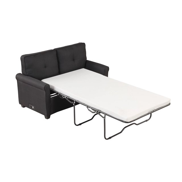 Sleek and Comfy Black Loveseat Sleeper with USB and Reclining Backrest