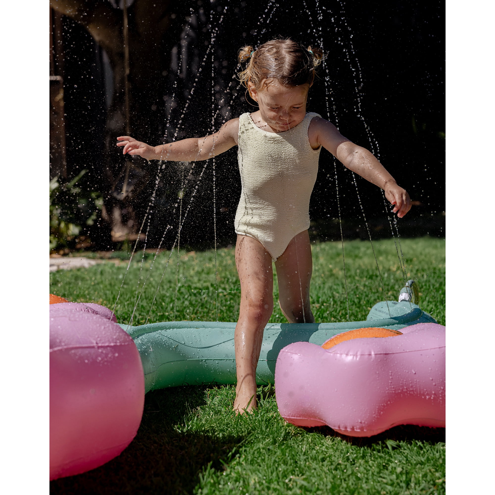 Sunnylife: Inflatable Sprinkler - Poppy the Peach - 88" Pink-Orange Character Flower Shaped Water Sprayer, Ground Lay-Flat Design, Kids Outdoor Play