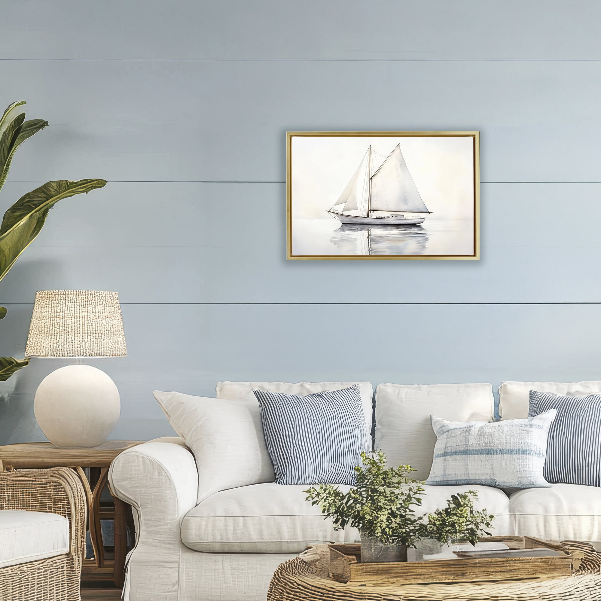 Stupell Industries Neutral Sailboat Reflection Gold Framed Floater Canvas Wall Art, design by Petal Prints Design