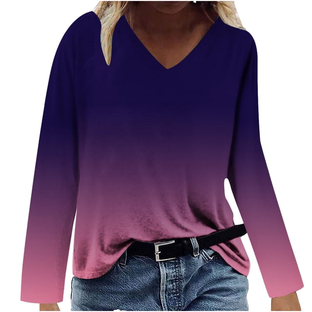 Hauts à Manches Longues pour Femmes Mode Décontractée Col en V Confortable Haut Imprimé T-Shirt Blouse Hauts à Col en V pour Femmes Hauts Décontractés Mode pour Femmes Hauts à Manches Longues