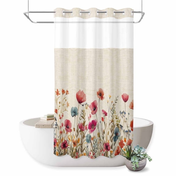 No Hook Shower Curtain, Pink Orange Teal Spring Floral Shower Curtains for Bathroom with See Through Top Window, Watercolor Botanical Summer Flowers Waterproof & Washable Bath Curtain Narrow 54"x78"