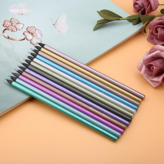 12 Colors Metallic Pencils NOn toxic Black Wood Colored Pencils Set for Coloring Books