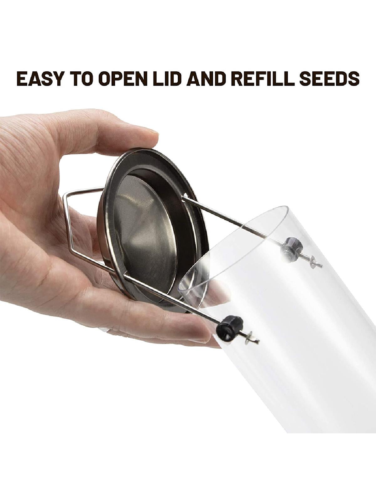 Mixed Seed Bird Feeder Cast Stainless Steel Tube Feeder Heavy Duty flip top and Easy Clean Base