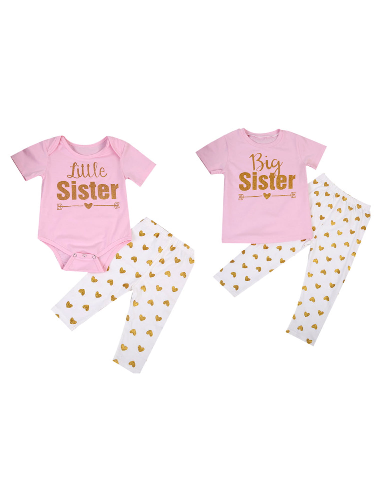 Girl Matching Outfits Baby Little Big Sister Shirt Tops Summer Pink Pyjamas Sleepwear