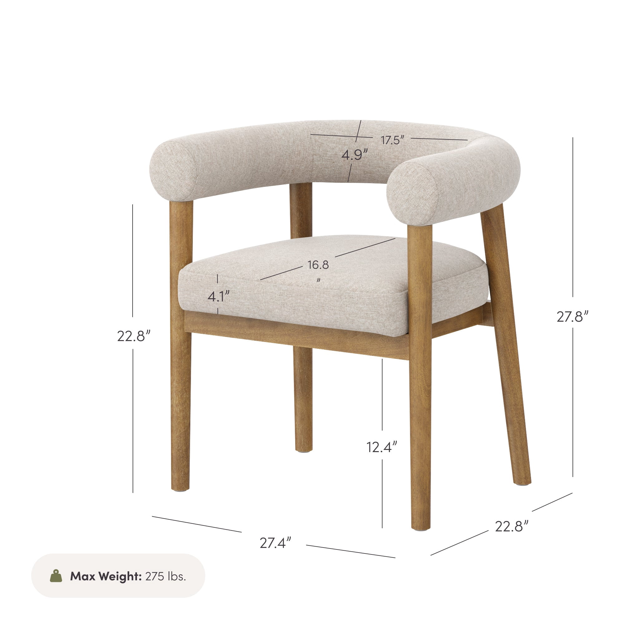 Nathan James Demi Modern Dining Room Chair, Barrel Back Dining Chair with Solid Wood Legs and Natural Flax Upholstery, Flax/Light Brown