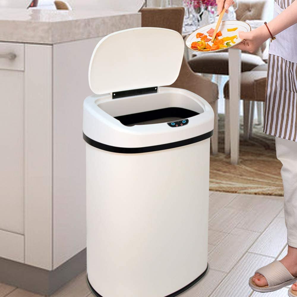 Automatic Garbage Can Touch Free Stainless Steel Trash Can No Touch Kitchen Waste Bin High-Capacity Bathroom Trash Can with Lid for Home Bedroom Office, White