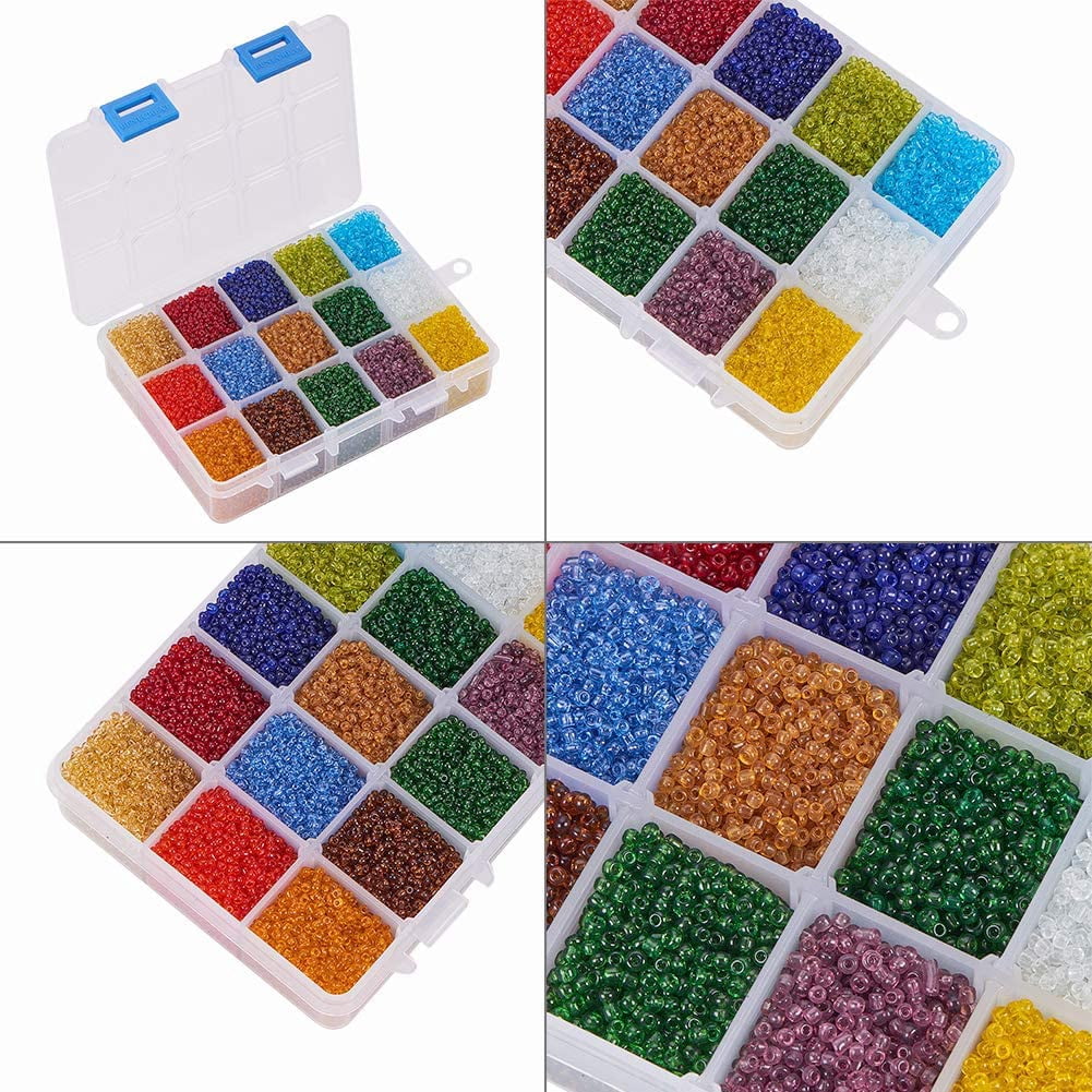 PH 21000pcs Glass Seed Beads 15 Color 12/0 Transparent Waist Beads 2mm Mini Beads Craft Pony Waist Beads for Bracelets Earrings Necklaces Jewelry Making colorful DIY