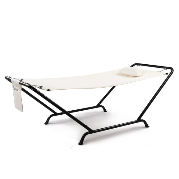 Freestanding Hammock with Stand, 600LBS Heavy Duty Outdoor Hammock Bed with Soft Pillow & Storage Bag, Beige