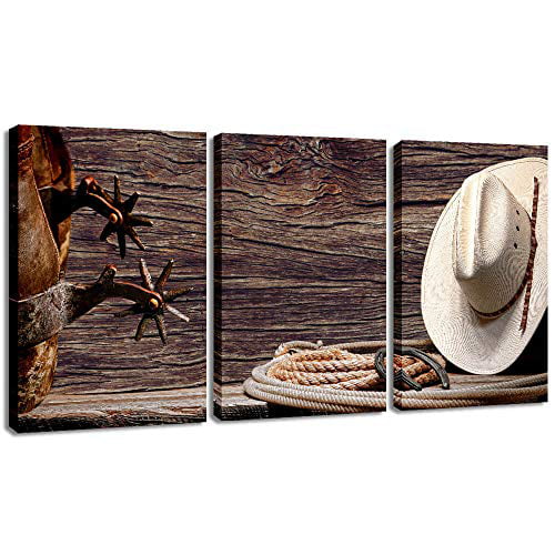 Canvas Print Wall Art Decor Western Cowboy Wall Art American Cowboy Hat Boots West Rodeo Vintage Picture Stretched Gallery Canvas Wrap Giclee Print Ready to Hang for Home Office Living Room